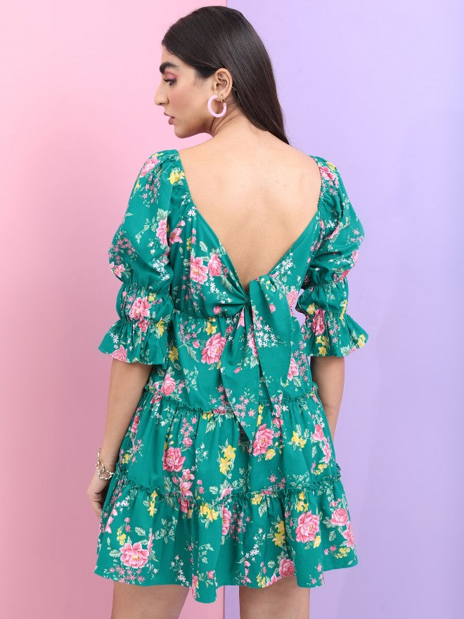 Tokyo Talkies Women Green Printed Fit And Flare Dress - Green - Image 3