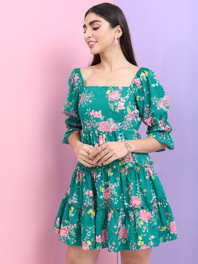 Tokyo Talkies Women Green Printed Fit And Flare Dress - Green - Image 4