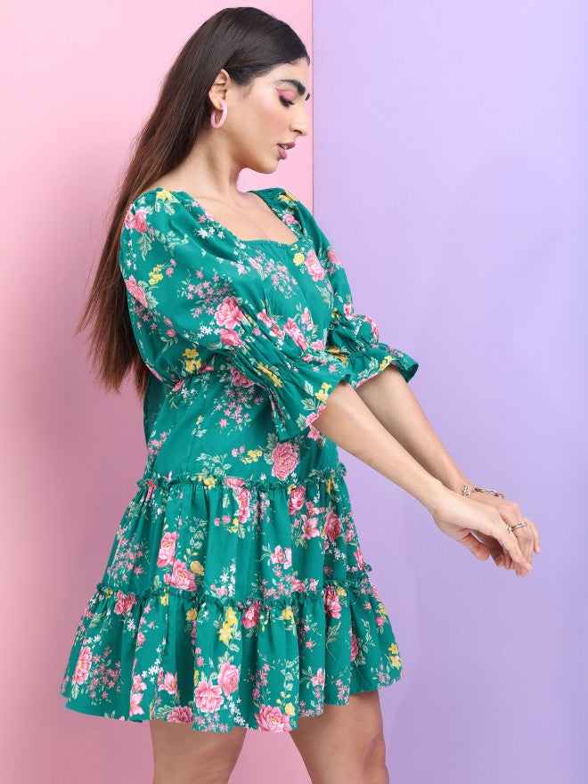 Tokyo Talkies Women Green Printed Fit And Flare Dress - Green - Image 6