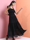 Tokyo Talkies Women Black Smocked Strappy Tiered Fit & Flared Dress - Black - Image 1