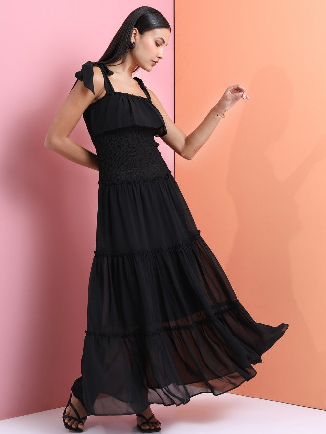 Tokyo Talkies Women Black Smocked Strappy Tiered Fit & Flared Dress - Black - Image 1