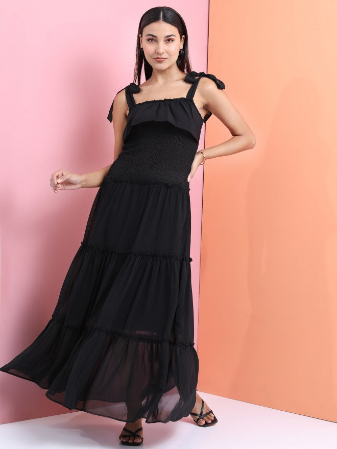 Tokyo Talkies Women Black Smocked Strappy Tiered Fit & Flared Dress - Black - Image 2