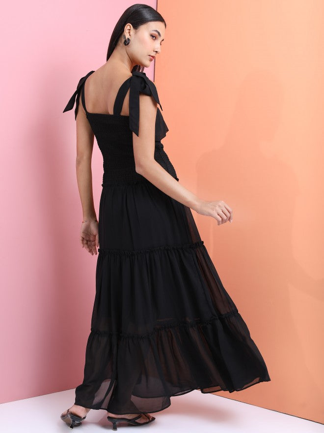 Tokyo Talkies Women Black Smocked Strappy Tiered Fit & Flared Dress - Black - Image 3