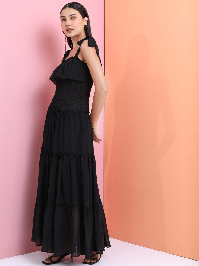 Tokyo Talkies Women Black Smocked Strappy Tiered Fit & Flared Dress - Black - Image 5