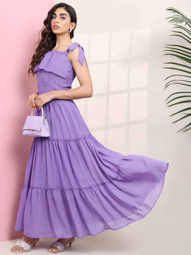 Tokyo Talkies Women Purple Printed Tiered Maxi Fit & Flared Dress - Purple - Image 1