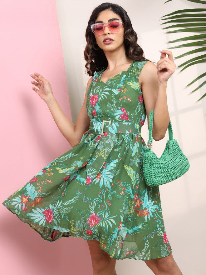 Tokyo Talkies Women Green Printed Fit And Flare Dress - Green - Image 1