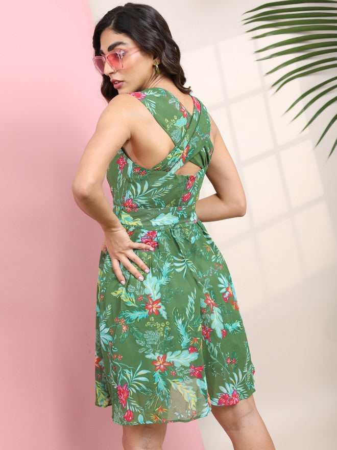 Tokyo Talkies Women Green Printed Fit And Flare Dress - Green - Image 3