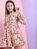 Tokyo Talkies Women Peach Printed Fit And Flare Dress - Peach - Image 1