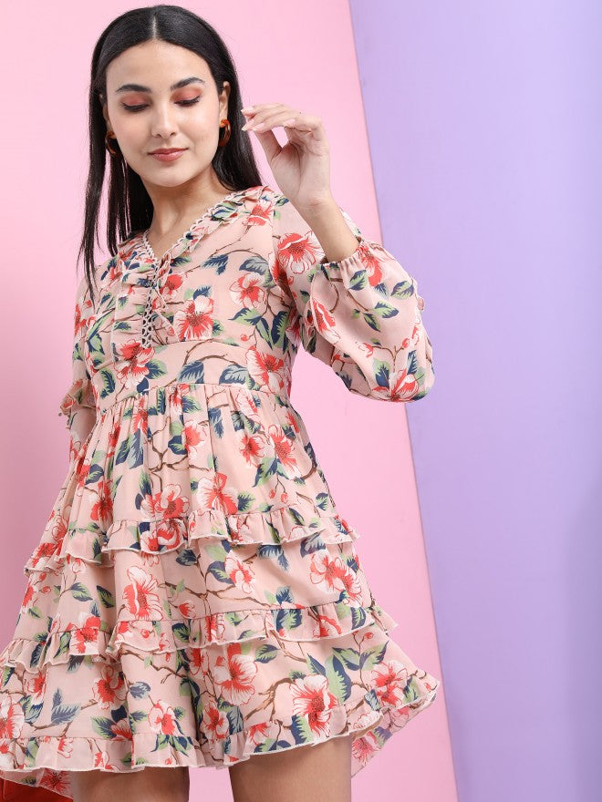 Tokyo Talkies Women Peach Printed Fit And Flare Dress - Peach - Image 1