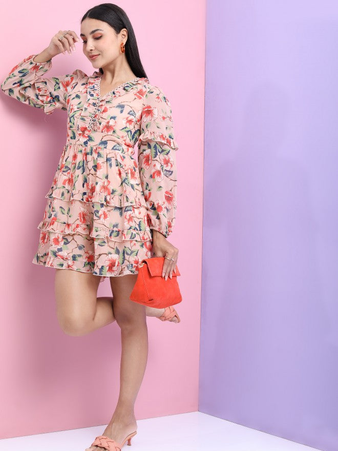 Tokyo Talkies Women Peach Printed Fit And Flare Dress - Peach - Image 2