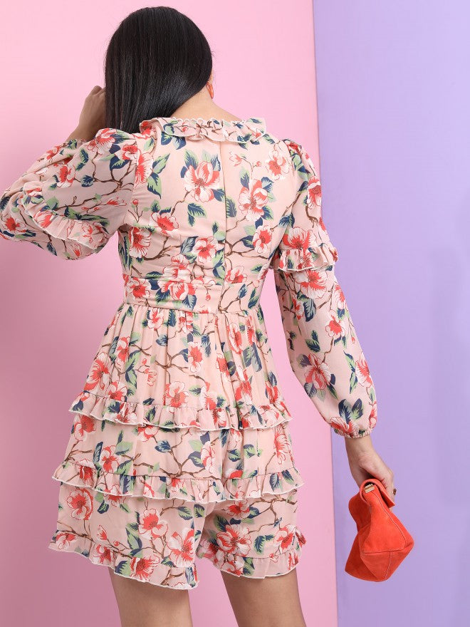 Tokyo Talkies Women Peach Printed Fit And Flare Dress - Peach - Image 3
