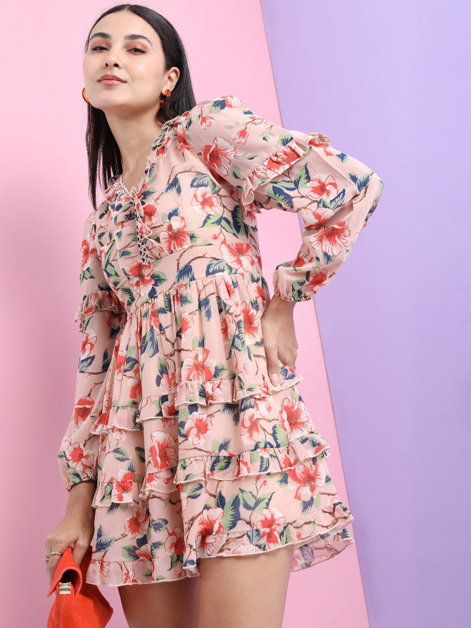Tokyo Talkies Women Peach Printed Fit And Flare Dress - Peach - Image 4
