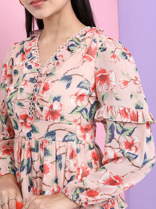 Tokyo Talkies Women Peach Printed Fit And Flare Dress - Peach - Image 5