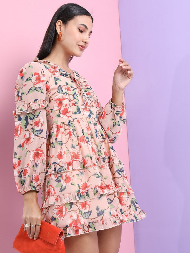 Tokyo Talkies Women Peach Printed Fit And Flare Dress - Peach - Image 6