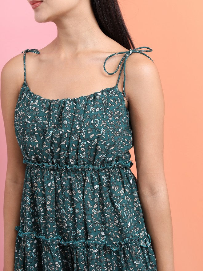 Tokyo Talkies Women Green Printed Fit And Flare Dress - Green - Image 5
