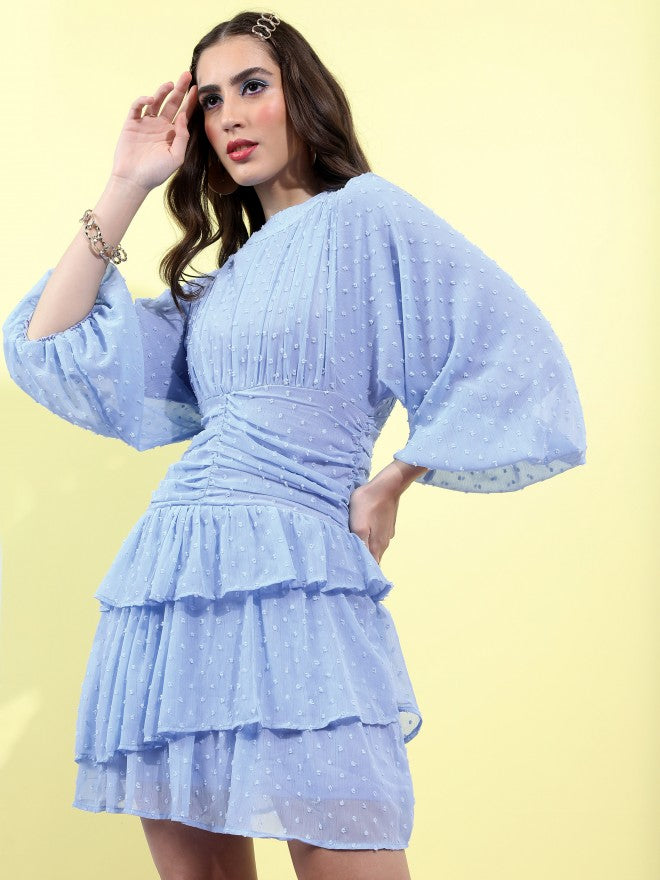 Tokyo Talkies Women Blue Self Design Fit And Flare Dress - Blue - Image 1