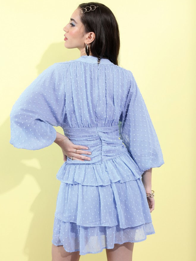 Tokyo Talkies Women Blue Self Design Fit And Flare Dress - Blue - Image 3