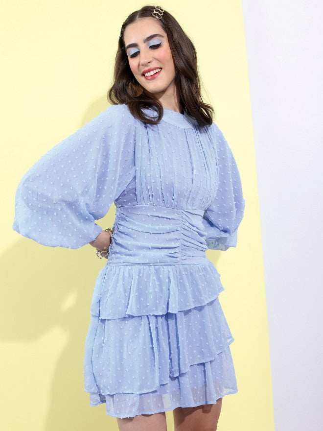 Tokyo Talkies Women Blue Self Design Fit And Flare Dress - Blue - Image 6