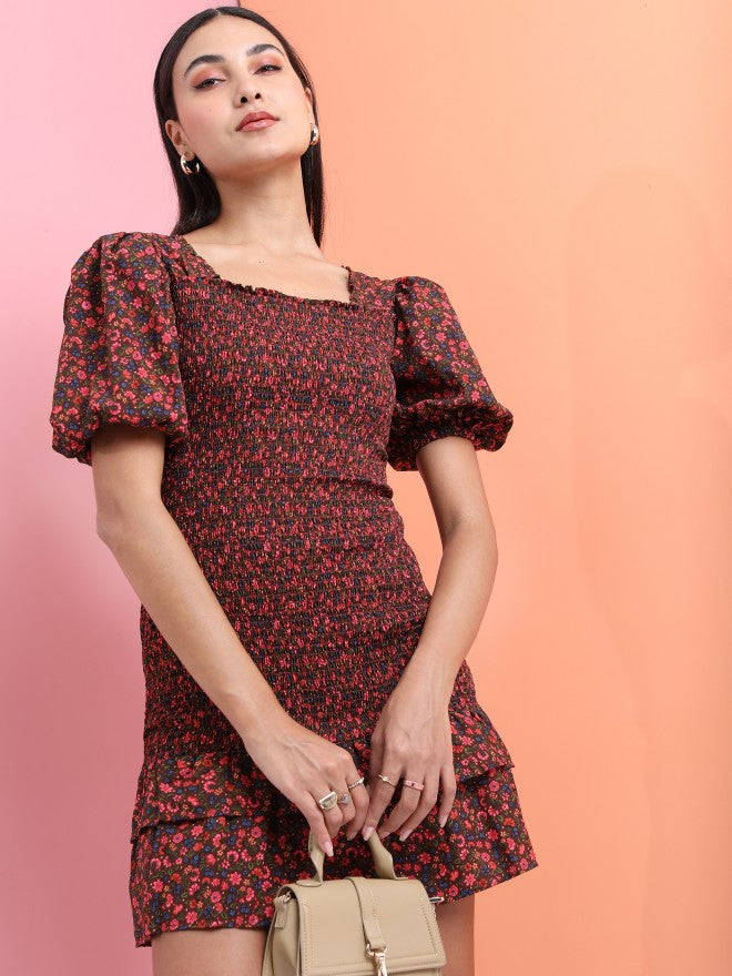 Tokyo Talkies Women Brown Floral Printed Fit & Flare Dress - Brown - Image 1