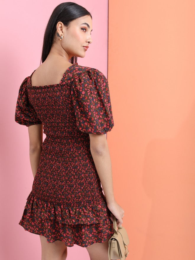 Tokyo Talkies Women Brown Floral Printed Fit & Flare Dress - Brown - Image 3