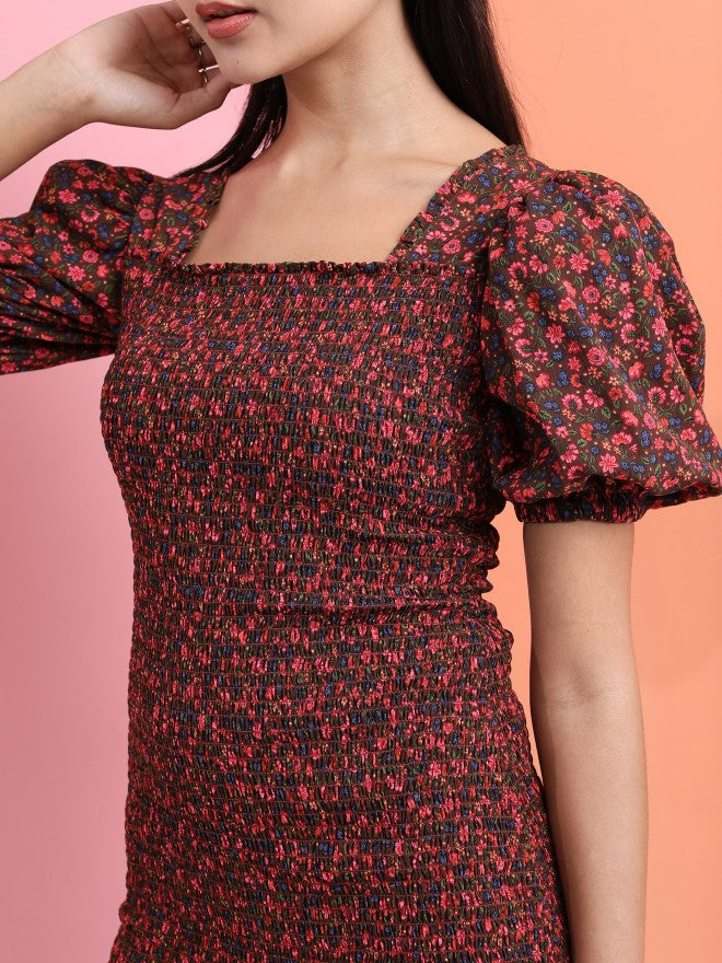 Tokyo Talkies Women Brown Floral Printed Fit & Flare Dress - Brown - Image 5
