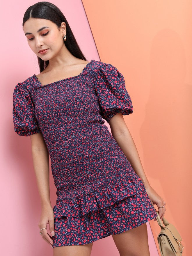 Tokyo Talkies Women Navy Blue Printed Drop-Waist Dress - Navy Blue - Image 1