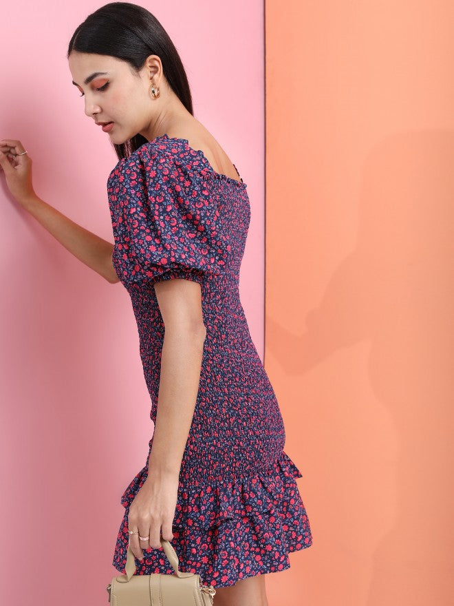 Tokyo Talkies Women Navy Blue Printed Drop-Waist Dress - Navy Blue - Image 3