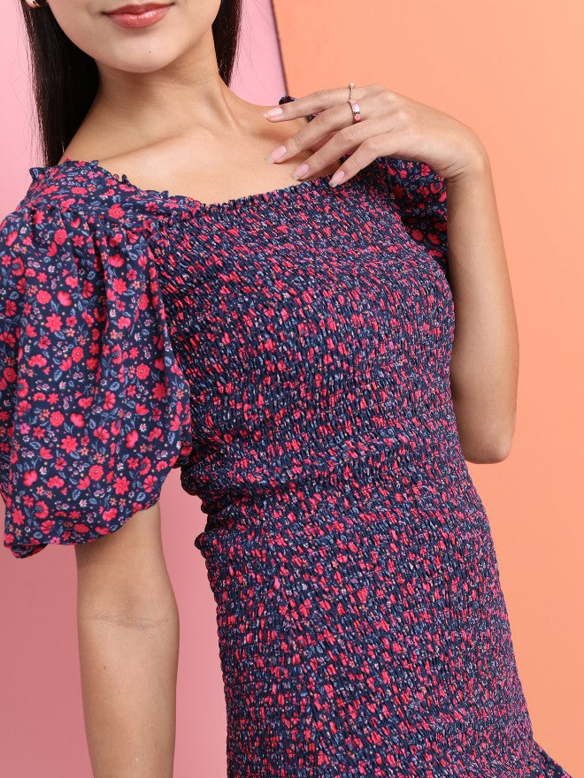 Tokyo Talkies Women Navy Blue Printed Drop-Waist Dress - Navy Blue - Image 5
