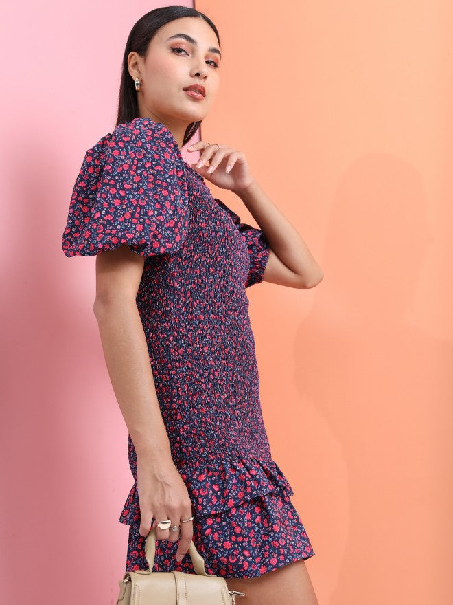 Tokyo Talkies Women Navy Blue Printed Drop-Waist Dress - Navy Blue - Image 6