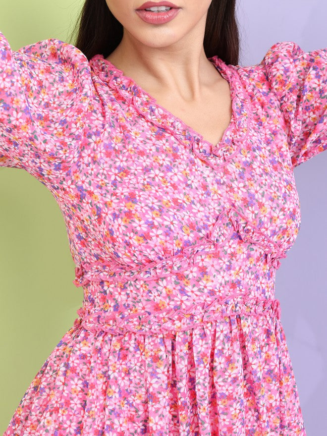 Tokyo Talkies Women Pink Printed A-Line Dress - Pink - Image 7