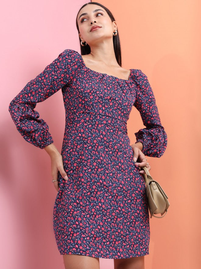 Tokyo Talkies Women Navy Blue Printed Fit And Flare Dress - Navy Blue - Image 1