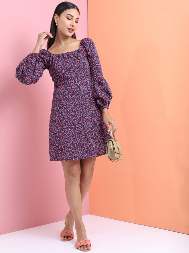 Tokyo Talkies Women Navy Blue Printed Fit And Flare Dress - Navy Blue - Image 2
