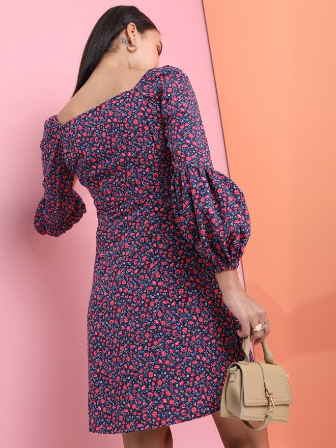 Tokyo Talkies Women Navy Blue Printed Fit And Flare Dress - Navy Blue - Image 3
