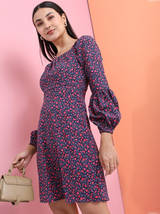 Tokyo Talkies Women Navy Blue Printed Fit And Flare Dress - Navy Blue - Image 4