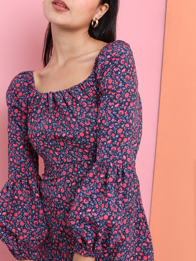 Tokyo Talkies Women Navy Blue Printed Fit And Flare Dress - Navy Blue - Image 5