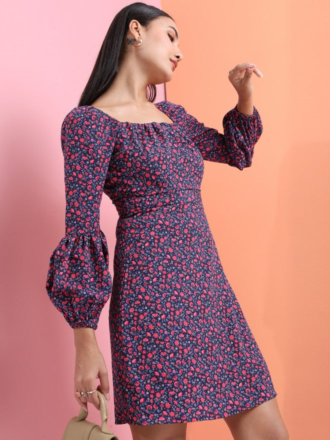 Tokyo Talkies Women Navy Blue Printed Fit And Flare Dress - Navy Blue - Image 6