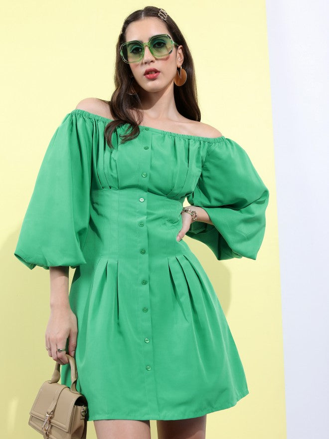 Tokyo Talkies Women Green Solid Fit And Flare Dress - Green - Image 1