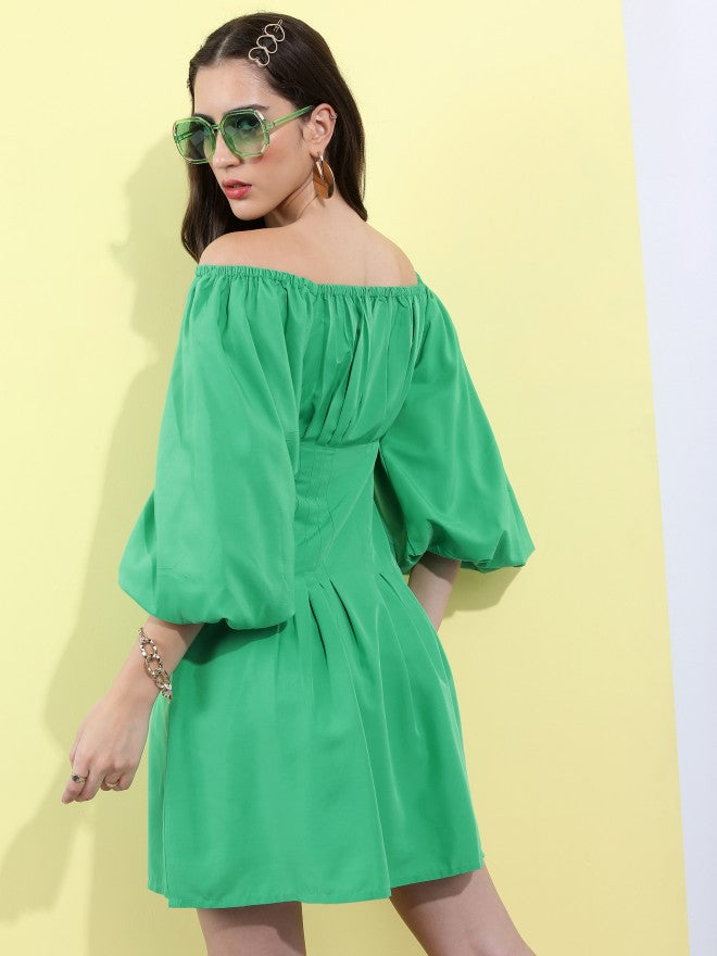 Tokyo Talkies Women Green Solid Fit And Flare Dress - Green - Image 3