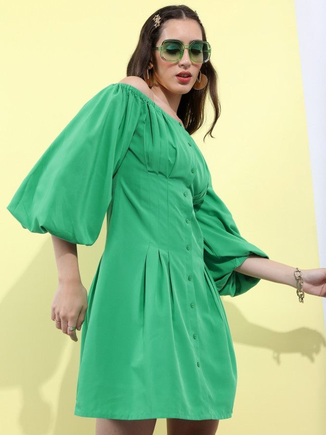 Tokyo Talkies Women Green Solid Fit And Flare Dress - Green - Image 6