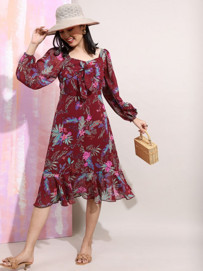Tokyo Talkies Women Maroon Printed Fit And Flare Dress - Maroon - Image 1