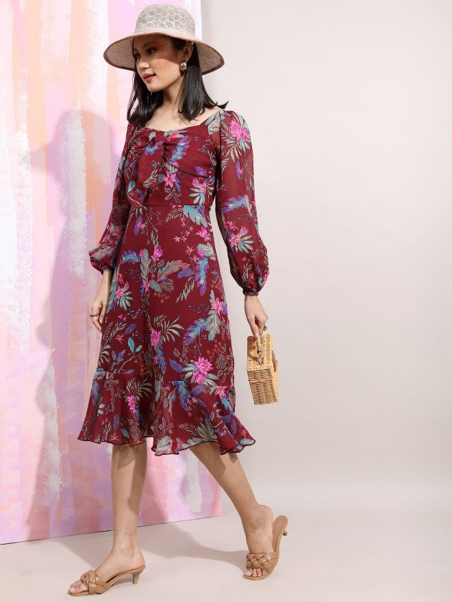 Tokyo Talkies Women Maroon Printed Fit And Flare Dress - Maroon - Image 2