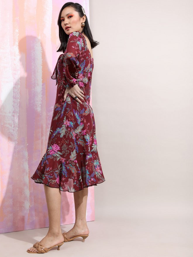 Tokyo Talkies Women Maroon Printed Fit And Flare Dress - Maroon - Image 3
