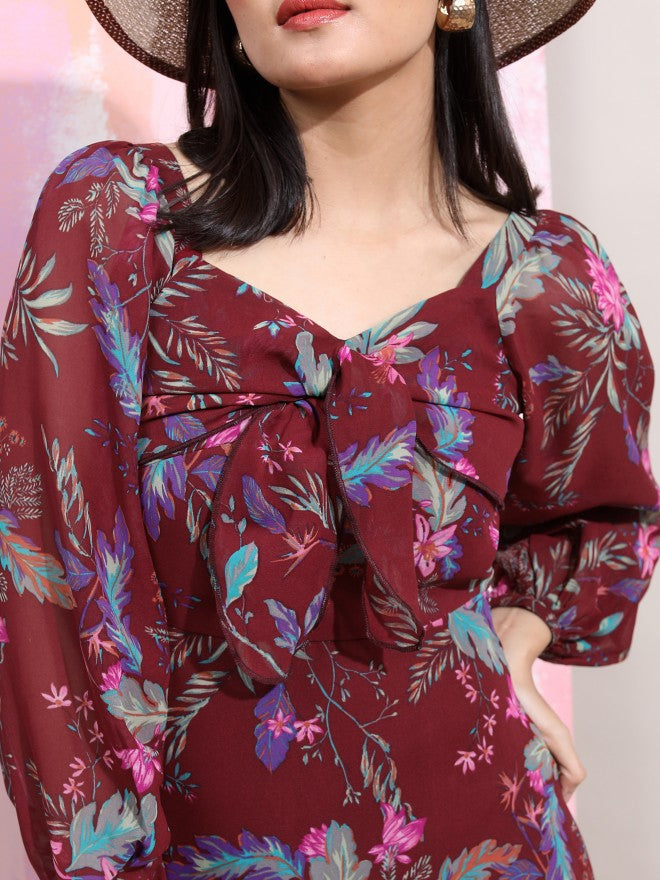 Tokyo Talkies Women Maroon Printed Fit And Flare Dress - Maroon - Image 4