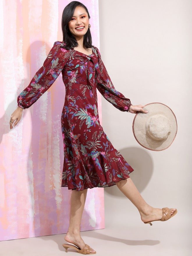 Tokyo Talkies Women Maroon Printed Fit And Flare Dress - Maroon - Image 5