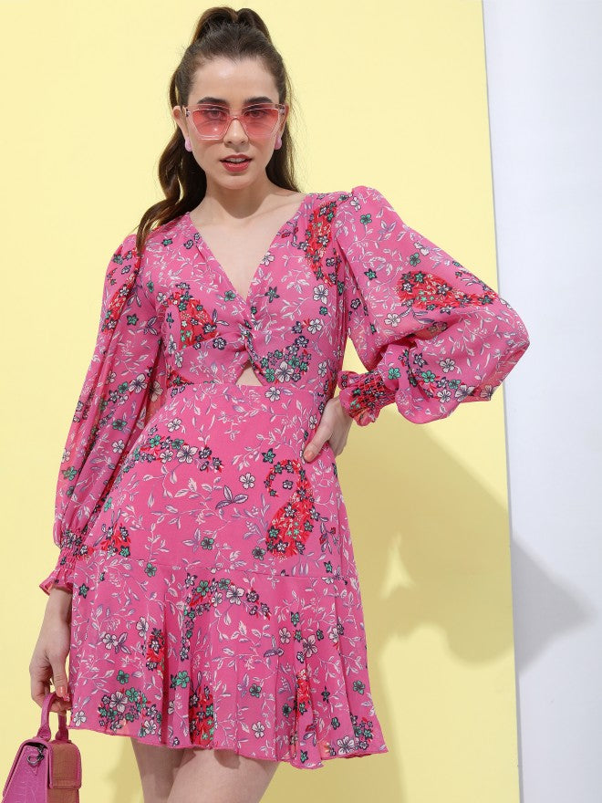 Tokyo Talkies Women Pink Printed Fit And Flare Dress - Pink - Image 1