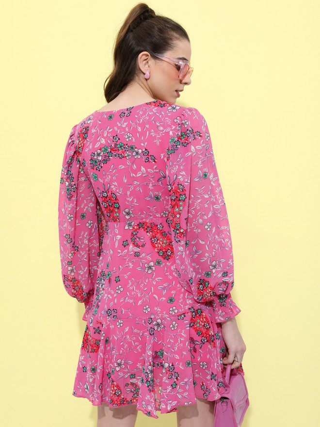 Tokyo Talkies Women Pink Printed Fit And Flare Dress - Pink - Image 3