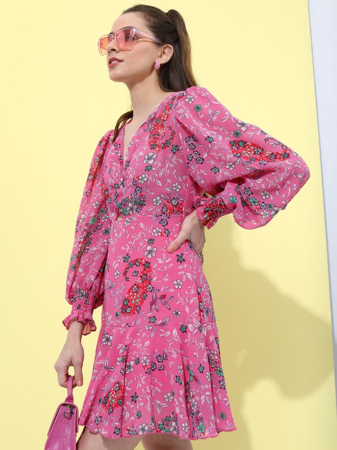 Tokyo Talkies Women Pink Printed Fit And Flare Dress - Pink - Image 4