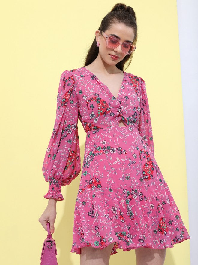 Tokyo Talkies Women Pink Printed Fit And Flare Dress - Pink - Image 6