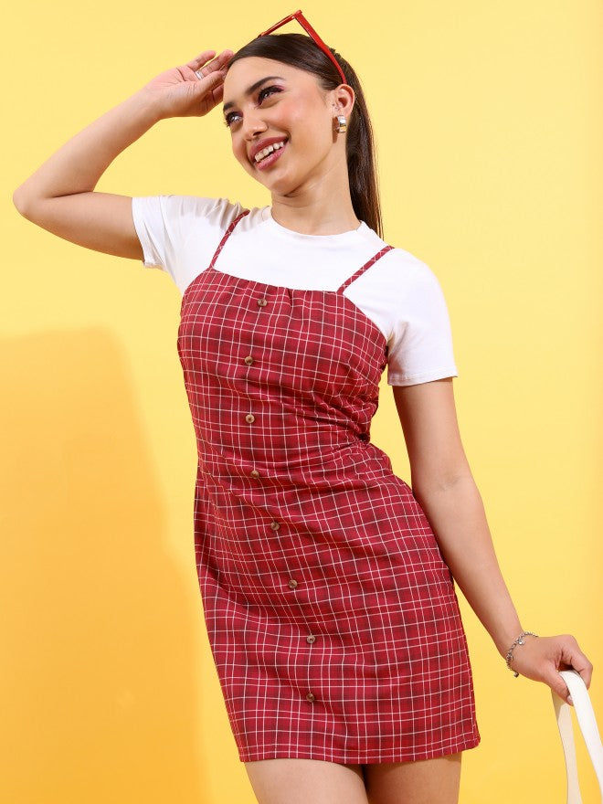 Tokyo Talkies Women Maroon Checked A-Line Dress - Maroon - Image 1