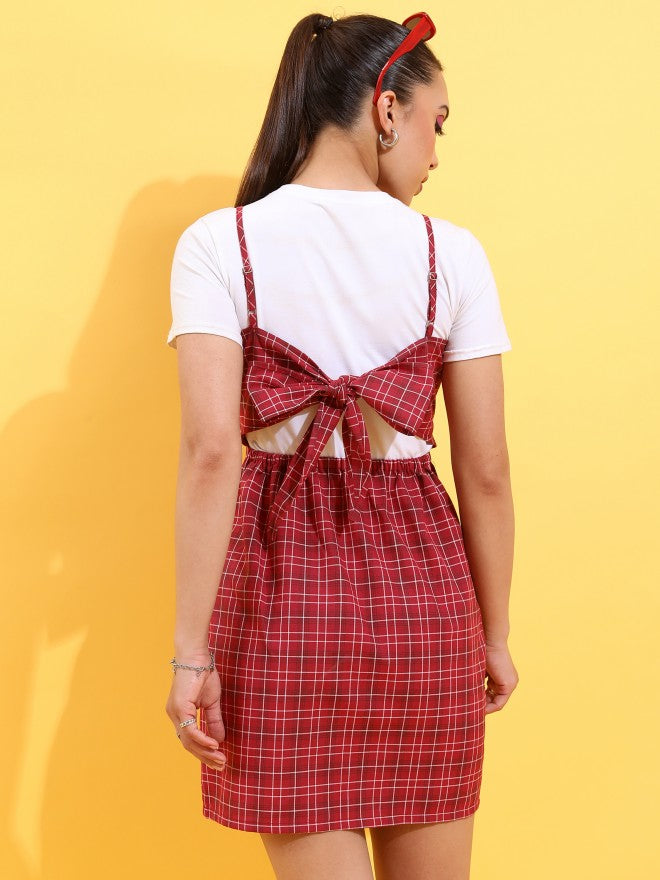 Tokyo Talkies Women Maroon Checked A-Line Dress - Maroon - Image 3
